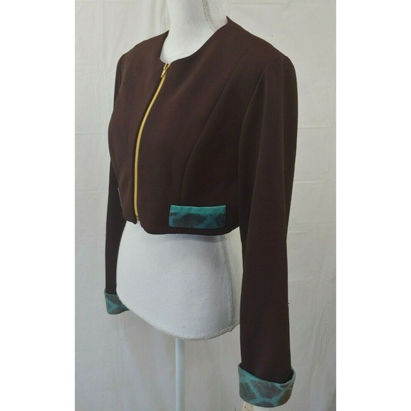 Vtg Linda Segal Jacket 12 Brown Blue Cropped Full Zip Shoulder Pads Large - Picture 5 of 10